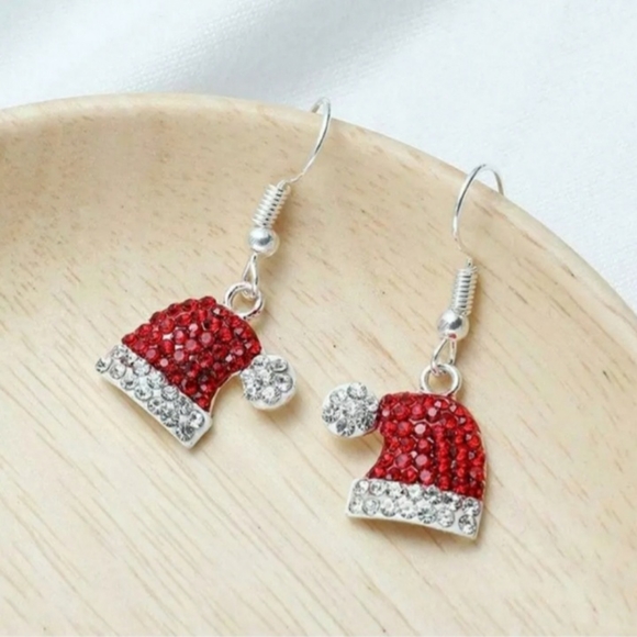 Red Crystal Rhinestone Santa Claus Hat Dangle Drop Earrings - Picture 1 of 6
